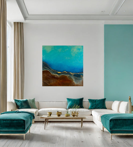 Abstract painting by Clémentine Daudier displayed in a minimalist modern living room, showing the calming impact of textured art.