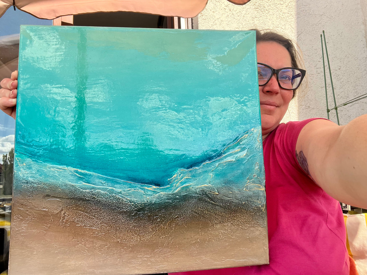Dance of Water and Earth I mixed media painting by Clémentine Daudier showing turquoise ocean waves meeting sandy beach in contemporary seascape art - with the artist
