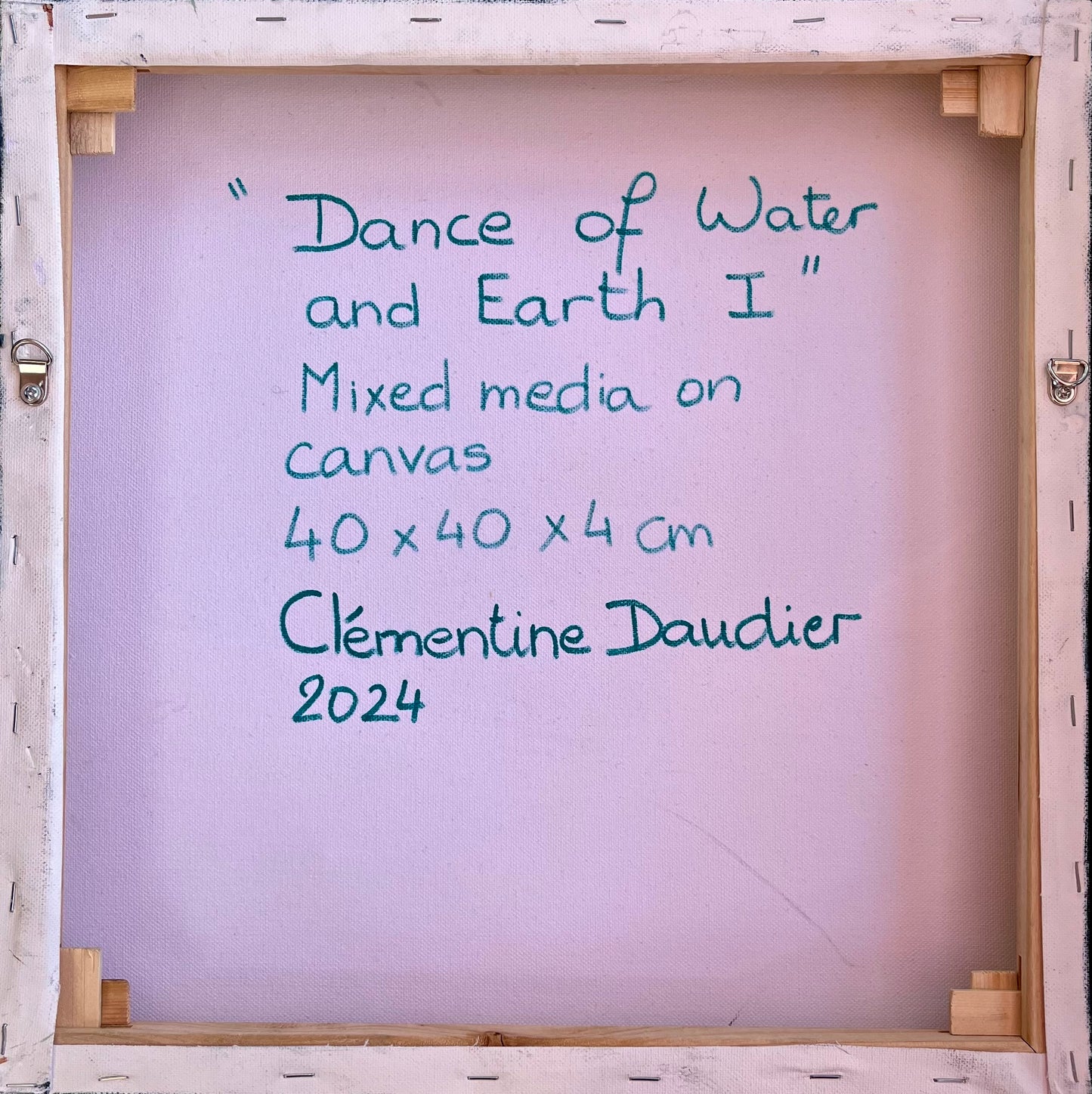 Dance of Water and Earth I mixed media painting by Clémentine Daudier showing turquoise ocean waves meeting sandy beach in contemporary seascape art, back view