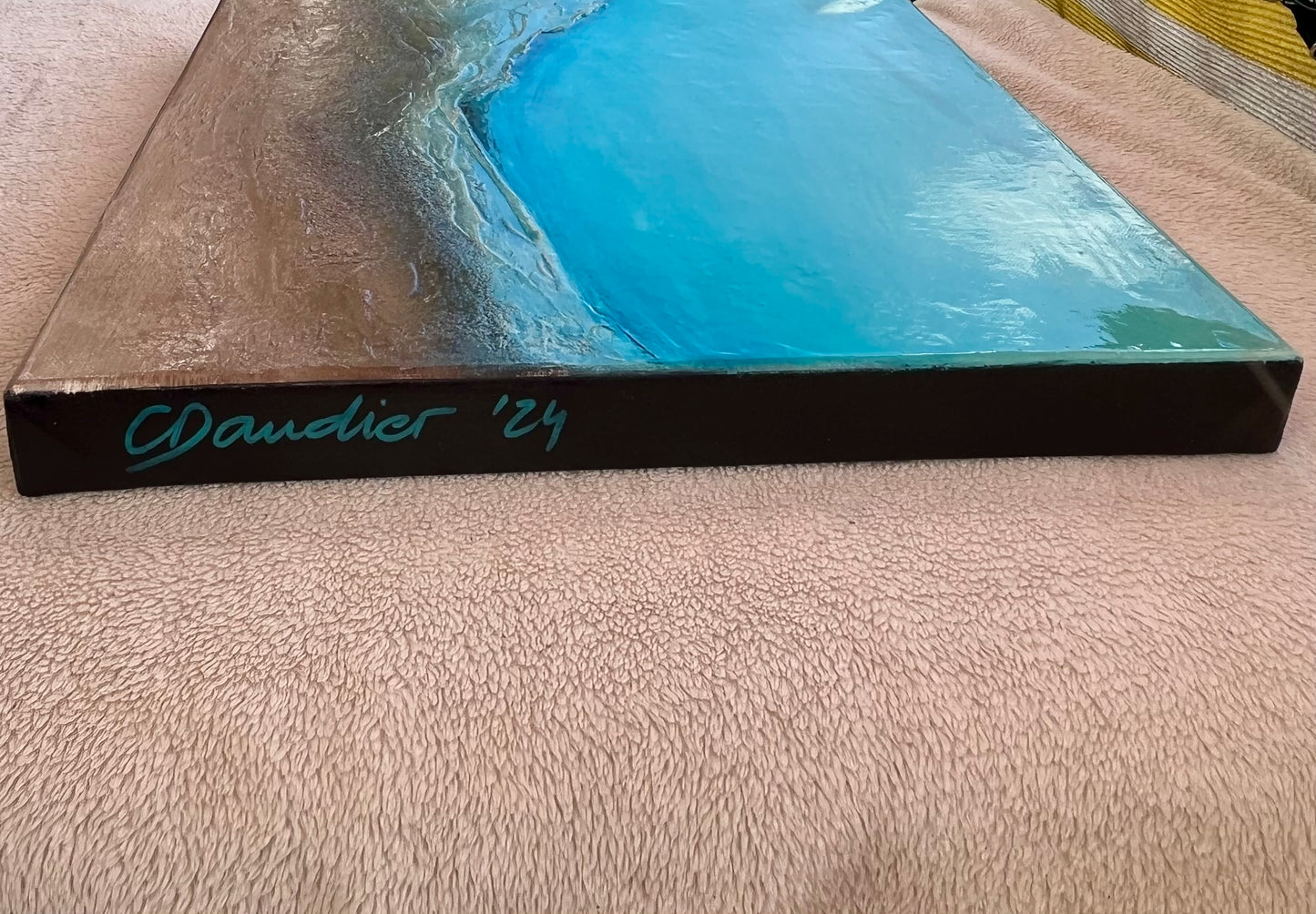 Dance of Water and Earth I mixed media painting by Clémentine Daudier showing turquoise ocean waves meeting sandy beach in contemporary seascape art - side view