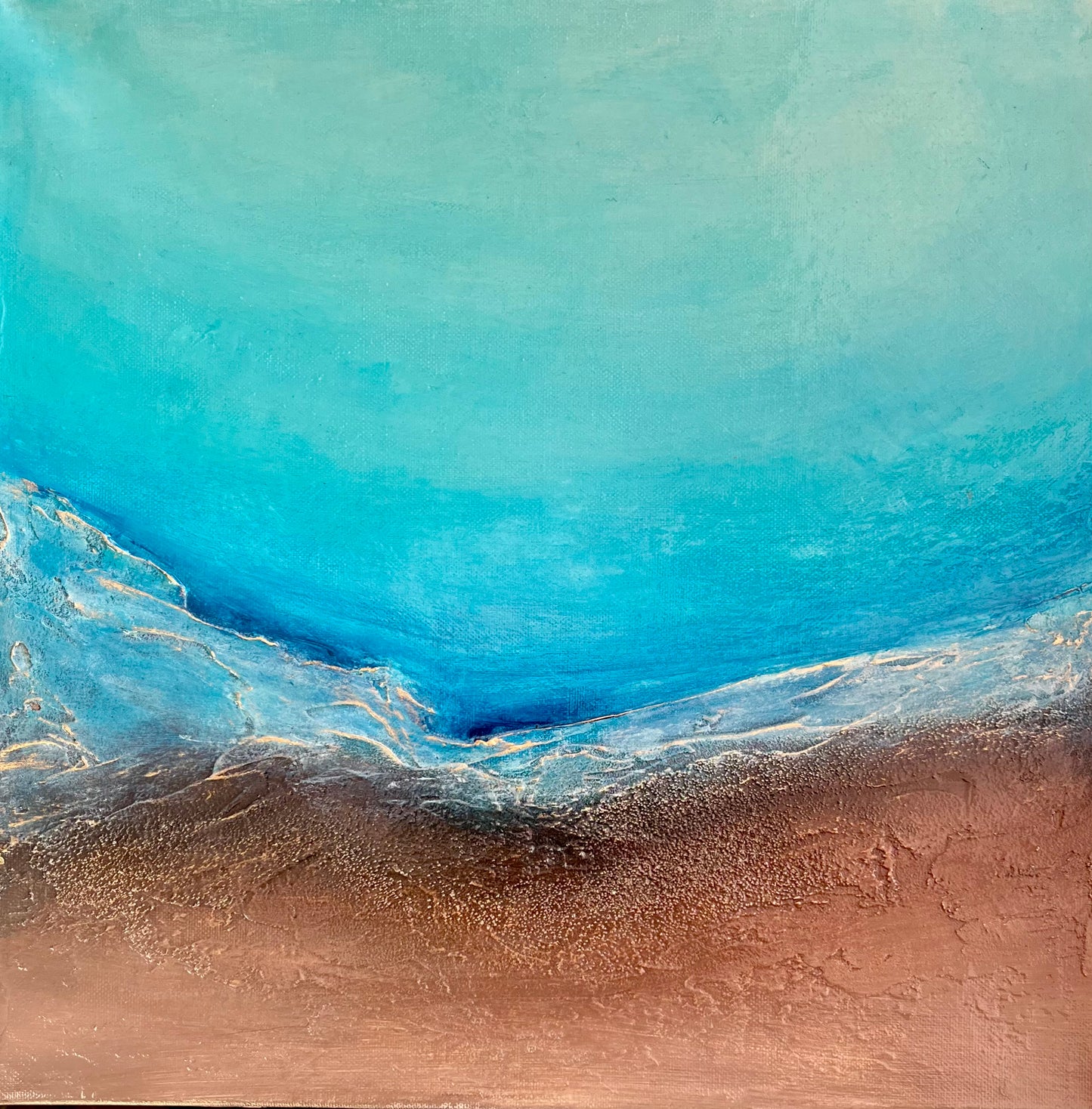 Dance of Water and Earth I mixed media painting by Clémentine Daudier showing turquoise ocean waves meeting sandy beach in contemporary seascape art