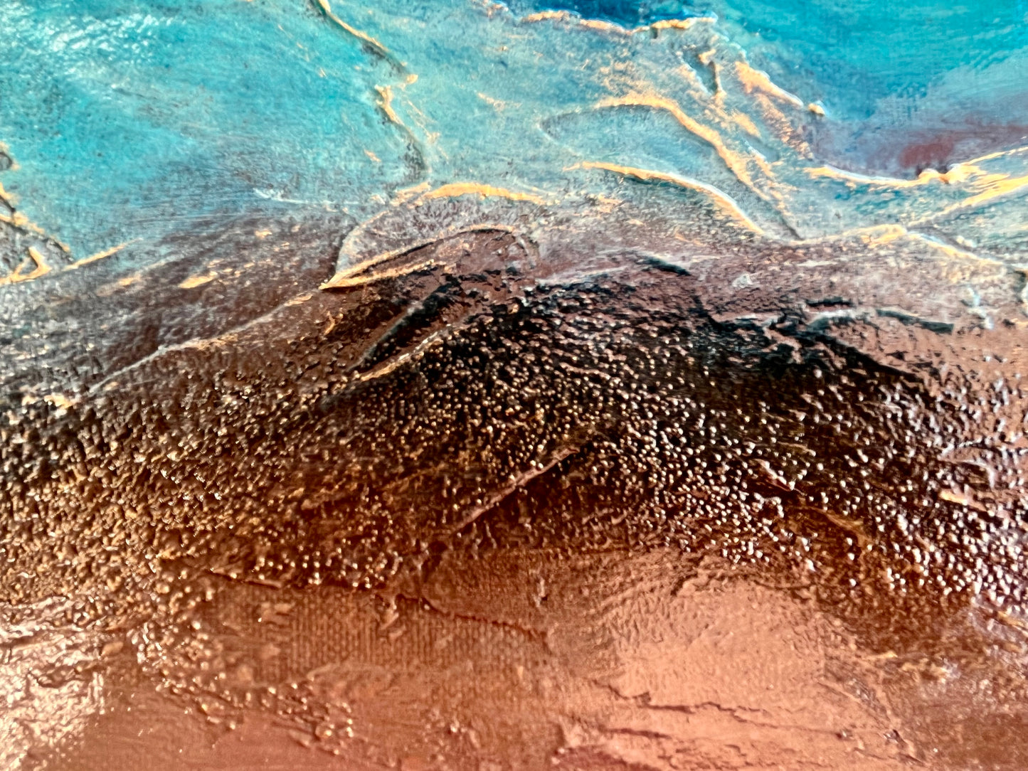 Dance of Water and Earth I mixed media painting by Clémentine Daudier showing turquoise ocean waves meeting sandy beach in contemporary seascape art - detail of grainy texture