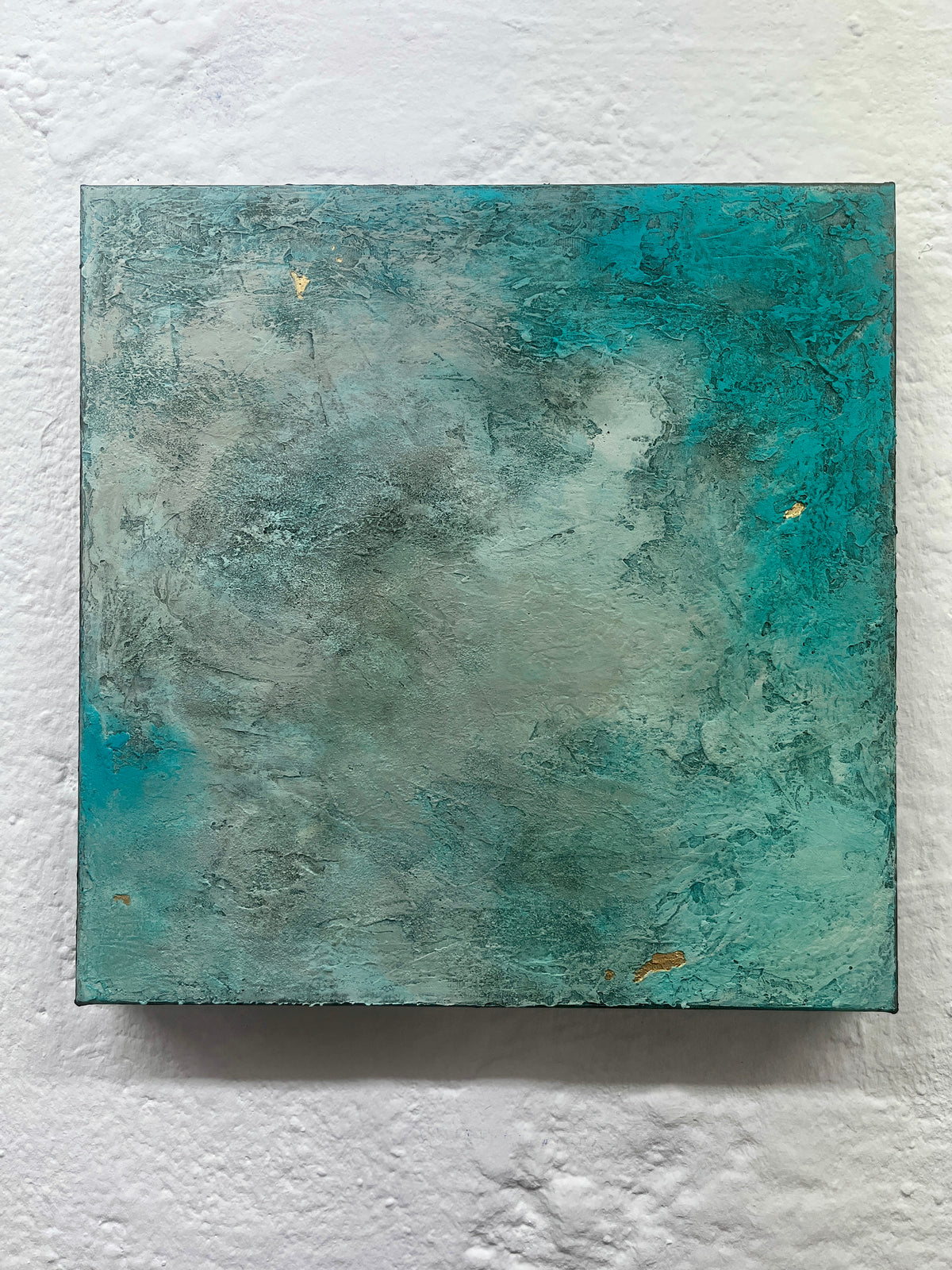 Shining Through II textured abstract painting in turquoise, aqua and mineral grey