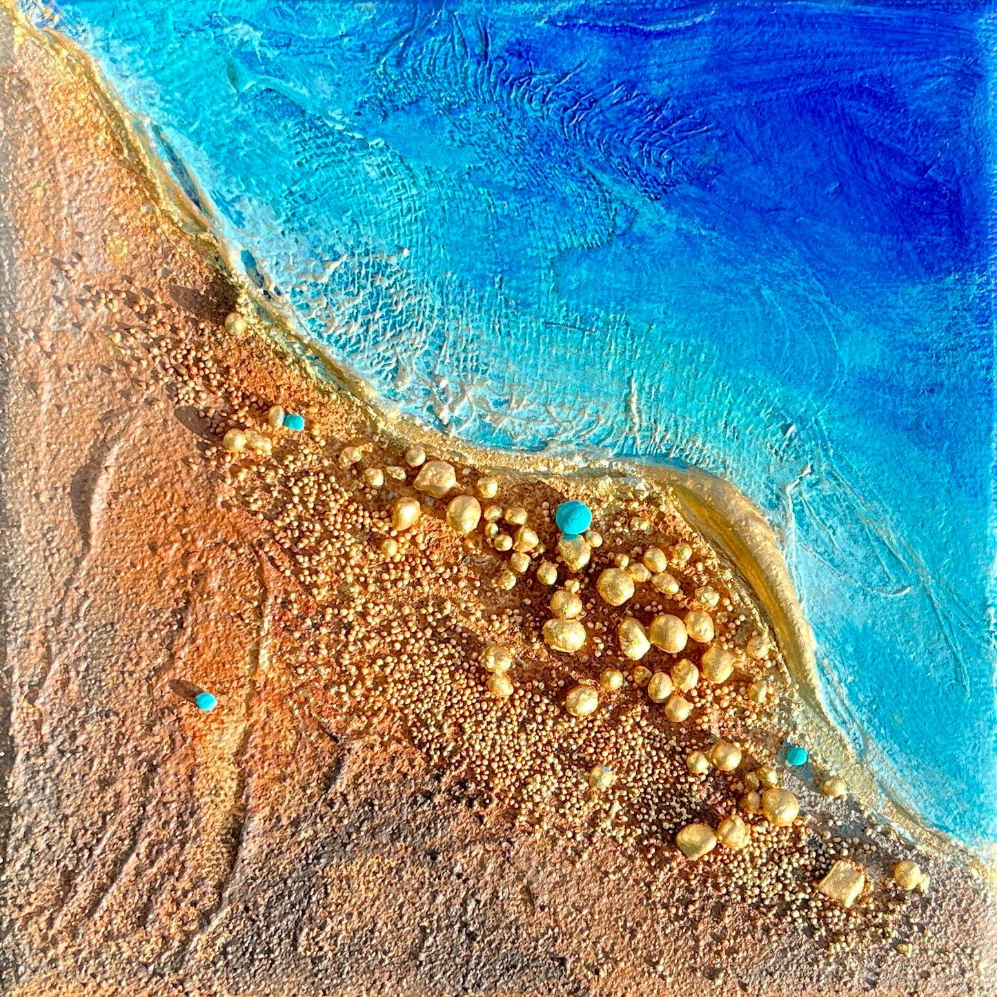 Elemental Mini II 15x15cm textured abstract ocean painting with gold sand beads and turquoise waves by Clémentine Daudier
