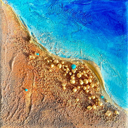 Elemental Mini II 15x15cm textured abstract ocean painting with gold sand beads and turquoise waves by Clémentine Daudier