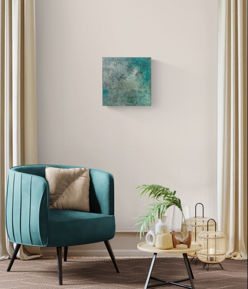 Turquoise abstract painting Shining Through II in a contemporary living room