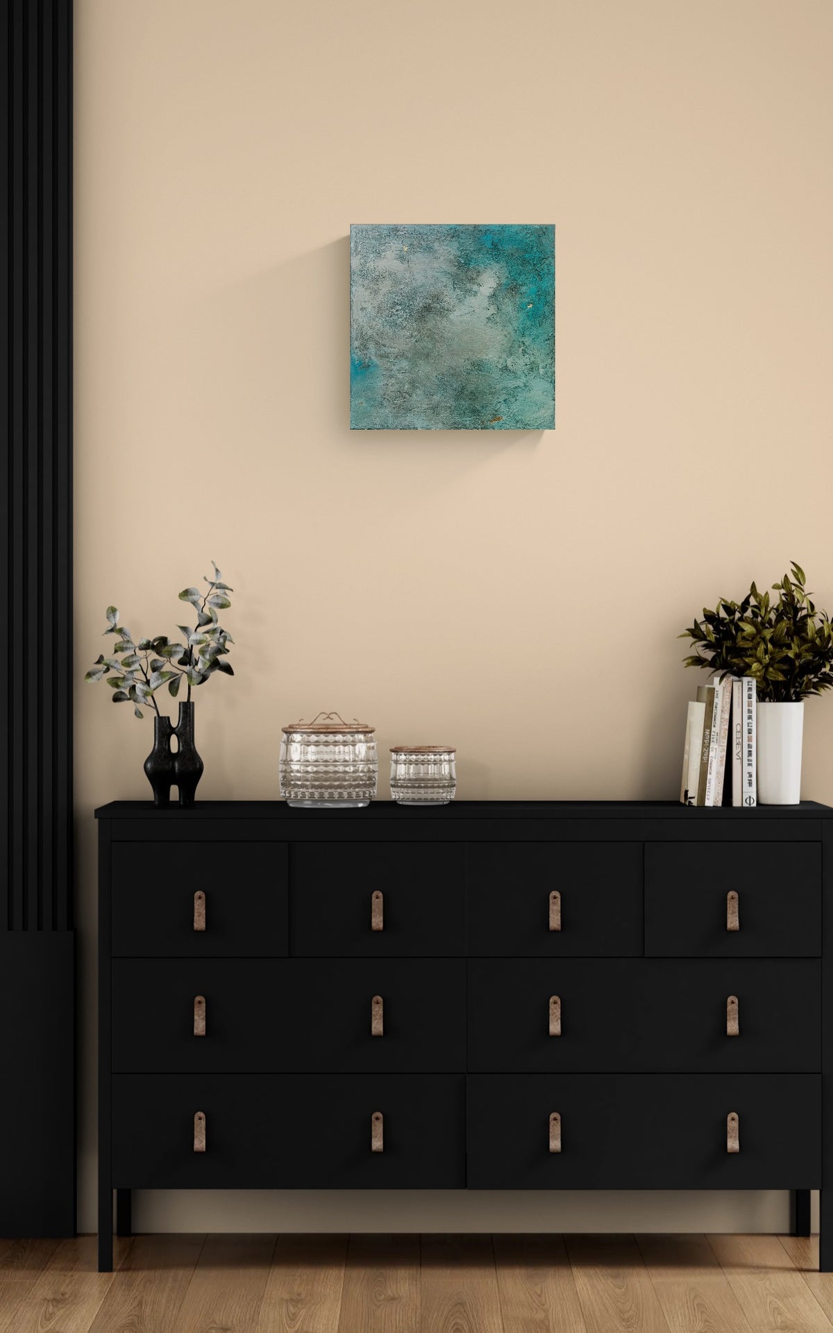 Shining Through II turquoise artwork displayed above a black console
