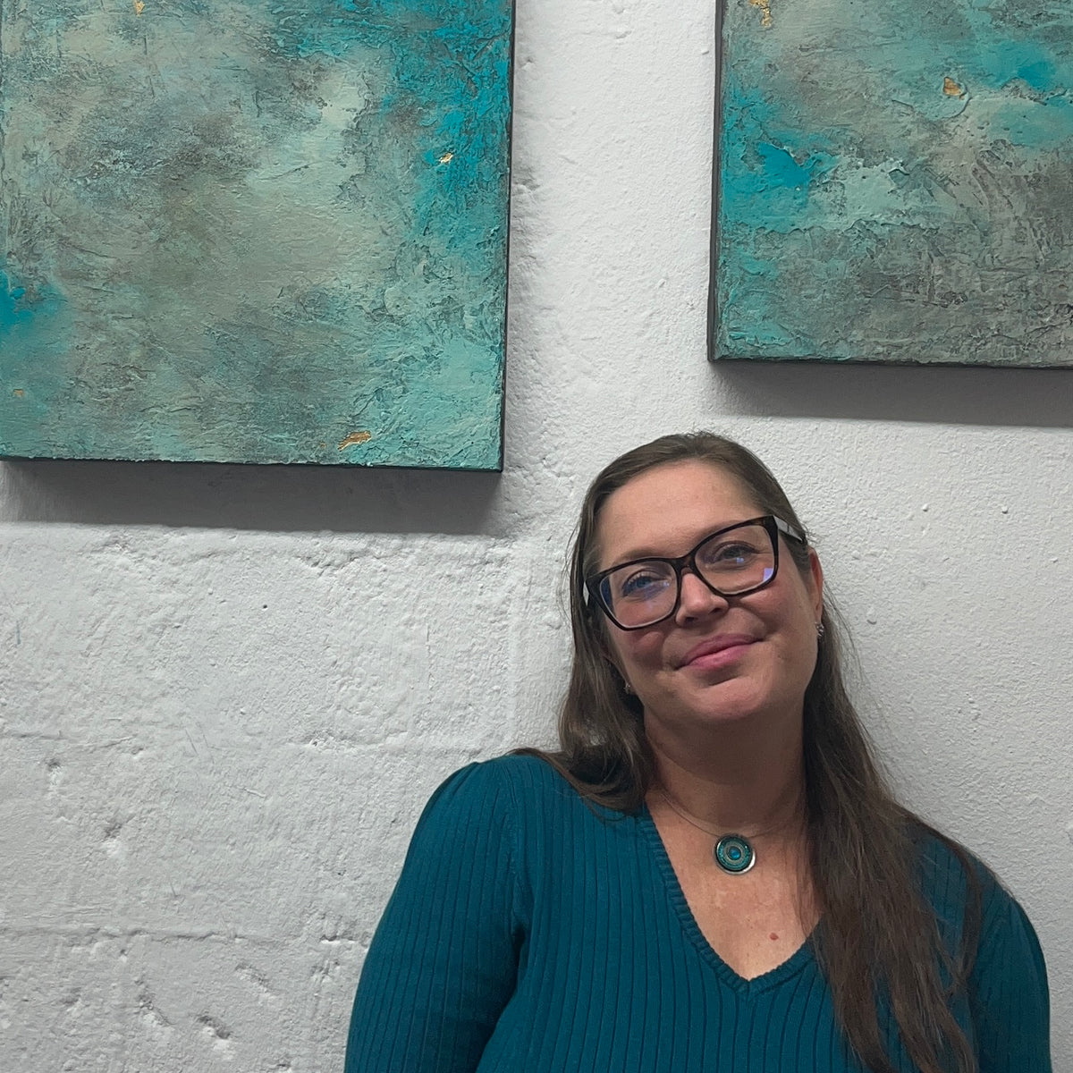 Artist Clémentine Daudier with Shining Through II abstract painting