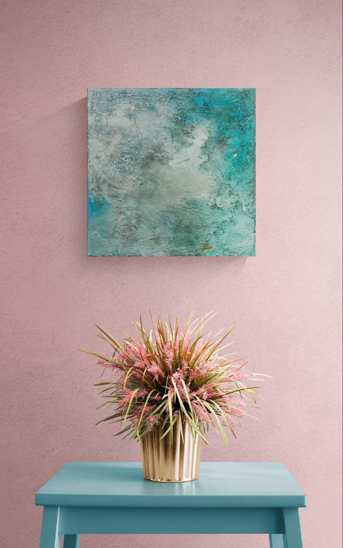 Shining Through II turquoise abstract painting displayed on a soft pink wall